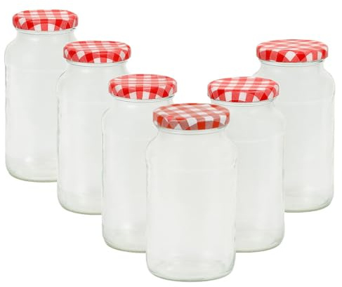 Vitrea 6-teiliges Set Rundgläser-Einmachgläser 720ml Oval, To66 Rot Kariert Einmach- und Fermentierglas, zur Aufbewahrung, zum Befüllen, Marmeladengläser Schraubdeckel (720ml Oval Rot Kar x 6 Stück)