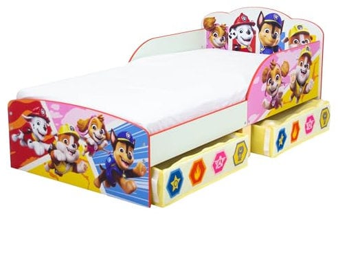 Paw Patrol Toddler Bed Frame with 2 Fabric Underbed Storage Drawers, Chase, Rubble, Marshall and Skye Design (approximate) 143cm (L) x 77cm (W) x 68cm (H)