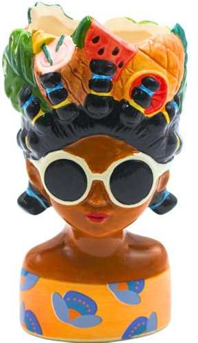 Dekohelden24 Blumenvase, Dekovase, Pflanzenvase, Tischvase, Gesichtsvase, Blumentopf Frau mit Sonnenbrille und Obst, dekorativer Pflanztopf aus Keramik, in bunt, Größe: L/B/H 10 x 10 x 20 cm.