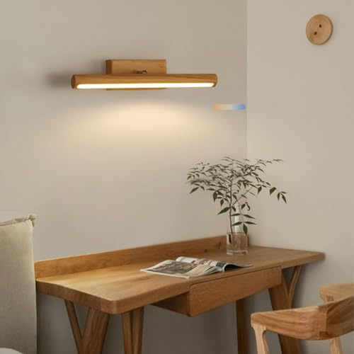 TZSMUM LED Spiegelleuchte Wandlampe Indoor Holz Wandleuchte 3 Farbmodi 2700K/4500K/6500K Wandbeleuchtung 180° Drehbar Wandleuchten für Schlafzimmer Spiegellampen Schminklicht (Helles Holz,80cm)