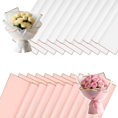 Luxoraiova 20 Blatt Blumenstrauß Geschenkpapier - Wasserdicht Kunststoff-Blumenfolie mit Goldrand, Blumenpapier für Geschenkverpackungen, BlumenKunst und Handwerk (Rosa und Weiß, 58x58cm)