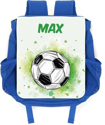 GRAVURZEILE Bedruckter Kinder-Rucksack - Fussball - Personalisiert mit Namen - Geschenk für Kleinkinder zum Kindergartenstart - Leichte Kita-Tasche für Jungen & Mädchen - Farbe: Blau