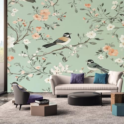 Floral Bird Wallpaper, Chinoiserie Oriental Wallpaper for Living Room, Bedroom, Non-Woven Decor Wall Paper, Photo Mural Dining Room, Hallway, Lounge, 100 X 70 cm G4H183