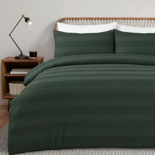 MHG Living Double Duvet Cover Set – Soft Polycotton Waffle Stripe Bedding with Button Closure and Corner Ties – Hypoallergenic Textured Fabric – Includes 2 Pillowcase – Turquoise – 200x200cm
