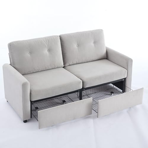 WEALTHKING 2‑Sitzer Wohnzimmer‑Sofa mit Stauraum und ergonomischer Rückenlehne, Microfaser mit Krepp‑Struktur und dezentem Glanz, platzsparende Doppelschubladen unter der Sitzfläche (Hellgrau)