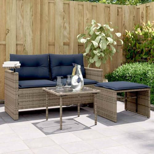 QUAHEAS 3-teiliges Gartensofa-Set, Grau Polyrattan, mit Kissen, verstellbarem Beistelltisch und gehärteter Glasplatte für Terrasse, Balkon, Garten