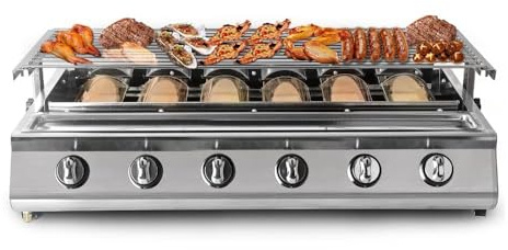 Barbecue a gas, 6 fuochi, portatile, con vassoio antiaderente, per cucinare all'aperto, ideale per giardino, terrazza e campeggio