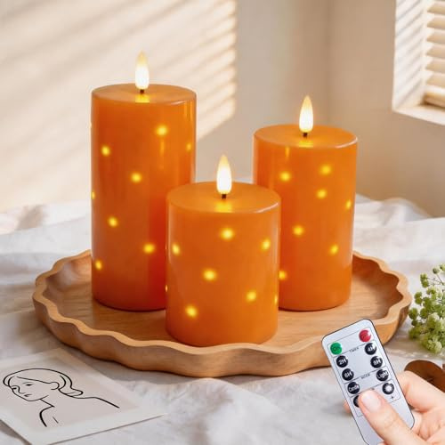 3er-Set Led Kerzen mit Integrierte Lichterkette und Fernbedienung Timer | Dimmbar Flammenlose Flackerndes LED-Säulenkerzenlichter für Party Wohndekoration, Camping, Hochzeiten, Geschenke - Orange