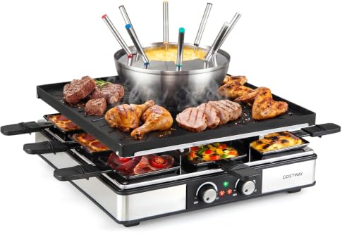 FANTASK Grill Raclette per 8 persone, grill da tavolo, 2200 W | Barbecue elettrico da tavolo con 8 padelle, 8 spatole in legno, 8 fonduta e piastra antiaderente, per la casa