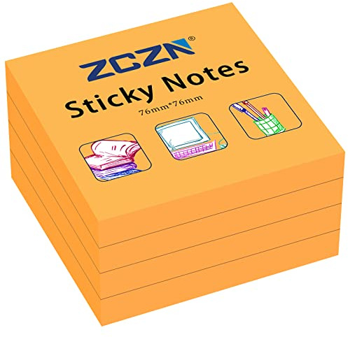 ZCZN 76 x 76 mm Sticky Notes, 100 Sheets/Pad, 4 Pads, Orange