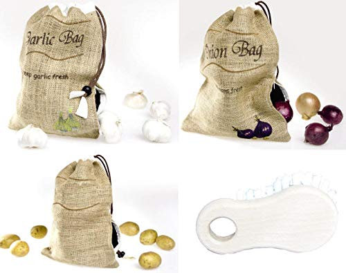 3er SET JUTESACK STOFFBEUTEL AUS LEINEN ZUM AUFBEWAHREN VON KNOBLAUCH & ZWIEBELN & KARTOFFEN & GRATIS BÜRSTE