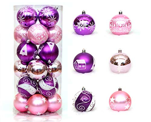 Zinsale 6cm/2.36 24PCs Weihnachtsbaumkugeln Bruchsicher Plastik Weihnachtskugeln Christbaumkugeln Baumschmuck Ornament Anhänger Urlaub Party Festival Dekor (Pink + Lila)
