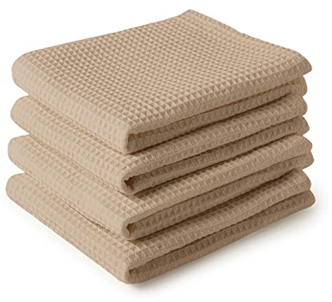 Encasa XO Serviettes de Cuisine et Gants de Toilette en Coton | Beige | Torchon Texturé et à Tissage Plat | Ensemble de Torchons | 70x45 cm | Réutilisable et Séchage Rapide Lot de 4