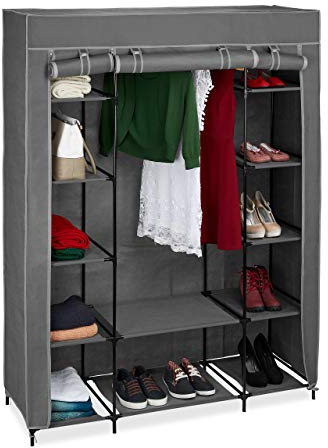 Relaxdays Stoffschrank mit Kleiderstange & 12 Ablagen, HBT: 175x135x45cm, Kleiderschrank mit Reißverschluss, anthrazit