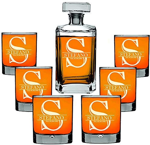 AIGAT Decantador de whisky personalizado, grabado personalizado con nombre, inicial y año, tamaño 700 ml con 6 vasos de whisky