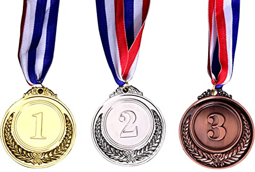 12 Medaillen aus Metall, Gold, Silber, Bronze, Gewinnermedaillen mit Halsband, Olympiastil Gewinnermedaillen Gold Silber Bronze für Wettkampf, Spiele, Partys (Gold, Silber, Bronze)