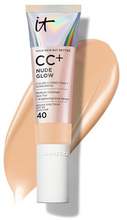 IT Cosmetics CC+ Nude Glow (Medium) - Medium Coverage Foundation with SPF 40 & Brightening Glow Serum, Lightweight Skin Tint, 2% Niacinamide + Hyaluronic Acid, Up to 24H Hydration - 1.08 fl oz