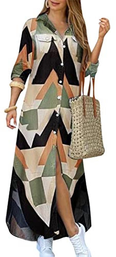 OMZIN Shirt Dresses for Women Button Down Collared Vintage Long Sleeve Printed Maxi Dress with Pockets Triangle XXL