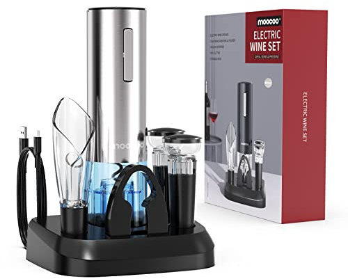 Electric Wine Opener with Charging Base, Moocoo Stainless Steel Cordless Electric Wine Bottle Opener with 2-in-1 Aerator & Pourer, Foil Cutter, 2 Vacuum Preservation Plugs