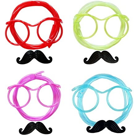 ZHDOKA Lot de 8 verres en paille avec barbe, lunettes amusantes et souples, réutilisables, avec boucle (4 couleurs + 8 barbes)