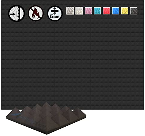 Arrowzoom 48 Akkustik Platten Akkustikschaumstoffmatten Akustikschaumstoff 25x25x5cm Dämmung Pyramide Noppenschaumstoff Breitbandabsorber Foam Feuerhemmend Tonstudio Schallabsorbierende Schwarz
