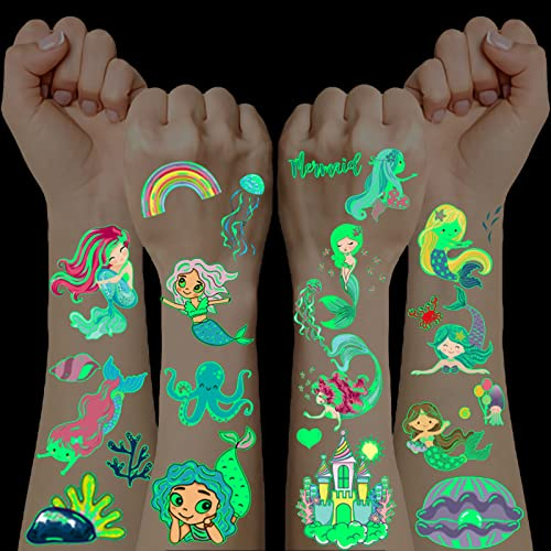 10 Feuilles Sirène Tatouage Fille,Brillent Dans Le Noir Sirène Tatouage, Sirene Anniversaire Fournitures pour fêtes d'anniversaire d'enfants, Petit Cadeau Pinata, Sirene Jouet Fille Petits Cadeaux