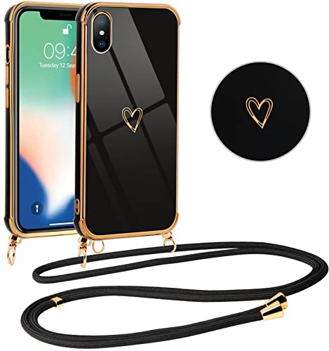 Vauki handyband Hülle für iPhone XS/X mit Band, mit Liebesmuster TPU Handyhülle Ultra dünn Stoßfeste, Galvanik Silikon Case Bumper mit Kordel zum Umhängen für iPhone XS 5.8, Schwarz
