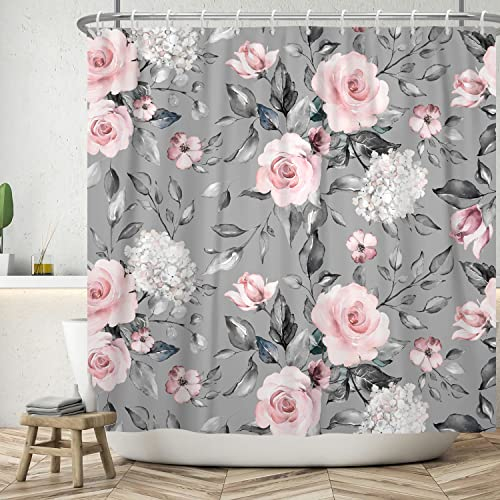 Bovlleetd 152x183cm Blumen Duschvorhang Rosa Aquarell Rose Hortensie Duschvorhänge Botanischer Grauer Badezimmervorhang Wasserdichter Badewannenvorhang mit Haken für die Badezimmerdekoration