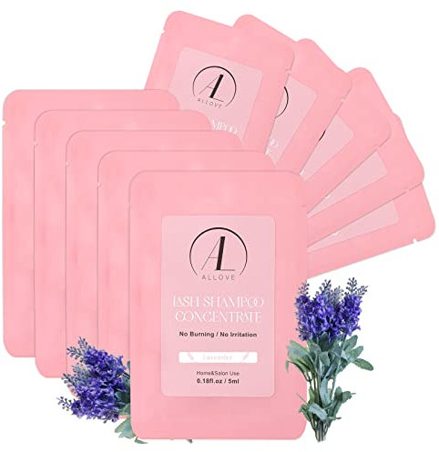 ALLOVE Wimpern-Shampoo-Konzentrat, 5 ml * 10 Wimpern-Shampoo für Wimpernverlängerungen, empfindliches und nicht reizendes Wimpernverlängerungs-Reinigungskonzentrat, Wimpern-Shampoo – Lavendel