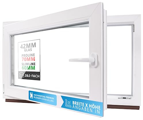 Kellerfenster Kunststofffenster weiß, BxH: 50 x 50 cm / 500 x 500 mm 2-fach Verglasung (32 mm) Dreh-Kipp inkl. Pilzkopfverriegelung, DIN Rechts (Griff Links), 60 mm Profil