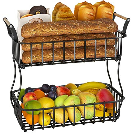 GILLAS Obstkorb mit 2 Etagen, Arbeitsplatte mit Griff für Küche, Gemüse-Brotkorb, Obstschale, Aufbewahrungsständer, abnehmbarer rechteckiger Drahtkorb, schwarz