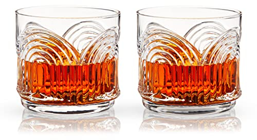 Viski Beau Lowball Glasses Set of 2 - Crystal Drinking Glasses for Whiskey, Scotch & Bourbon - Art Deco Cocktail Glasses Arch Design 11oz