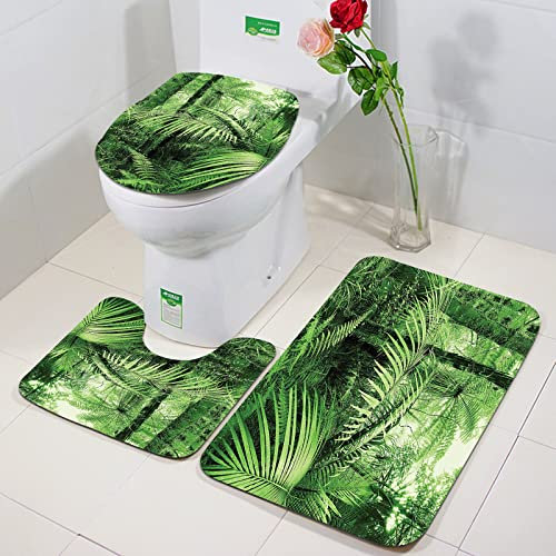 Ensemble Tapis de Bain 3 Set,Forêts tropicales tropicales vertes, palmiers et plantes exotiques dans la jungle avec la natu,WC Tapis Contour Tapis de Salle antidérapant de Doux et Confortable Lavable