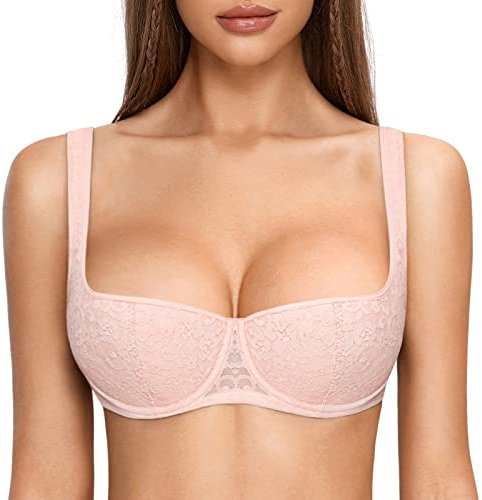 DOBREVA Femme Soutien Gorge Balconnet Push up avec Armature Sexy en Dentelle Légèrement Rembourré Rose Nue 90H