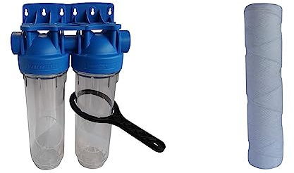 AQUAWATER - 104509 - Station filtre double nu avec clé de déserrage - Taille standard 10 - Raccordement F20/27 & 104975 - Cartouche filtrante anti-sédiments bobinée 20 microns