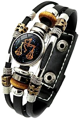 JEDTAKCT 12 Sternzeichen-Armbänder – Leuchtende 12 Sternbild-Armbänder Für Damen, Modische Sternzeichen-Charms, Krebs, Zwillinge, Löwe, Schwarzes Lederarmband, Geburtstagsgeschenke, Waage, 17,5/20 cm