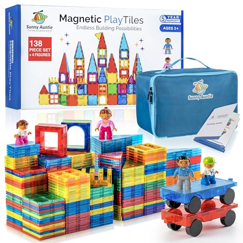 SUNNY AUNTIE Magnetic Tiles 138 PCS+ Bonus Zippered CASE, Magnetic Tiles for Kids Age 3+, Toy for Boys & Girls