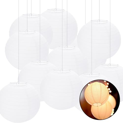 Oungy 20Pack Paper Lanterns, 12 Inch Round White Lantern Hanging Paper Lanterns for Outside, Paper Lantern Light Shades for Wedding Festival Party Decorations