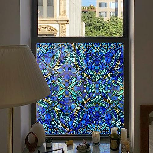 Neukids Selbstklebende Handbemalte fensterfolie statische Sichtschutzfolie fensterfolie buntglas Indigo Libelle Dekorfolie Schlafzimmer Wohnzimmer Küche Bad Büros Doppelseitig Glasaufkleber 40x200cm