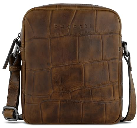 bugatti Nevio kleine Schultertasche Kroko-Optik aus echtem Leder, Umhängetasche, cognac