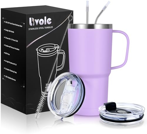 Livole 20oz Travel Mug with Handle, 600ml Insulated Tumbler with Straw and 2 Lids, Double Walled Vacuum Water Cup Bottle, Stainless Steel Thermal Travel Coffee Mugs for Cold Drinks, Light Purple