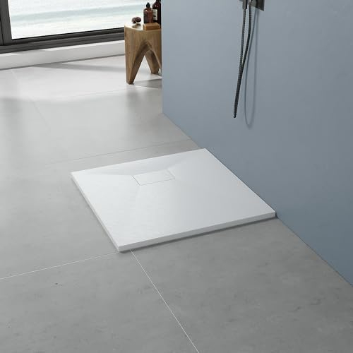 AQUABATOS SMC Duschwanne 80x80 cm 32 mm Weiß Eckig Quadratisch Duschtasse Rutschfest Bodengleich Ebenerdig Montage Steinoptik Schieferoptik Superflach (Ablaufgarnitur nicht Inklusive)