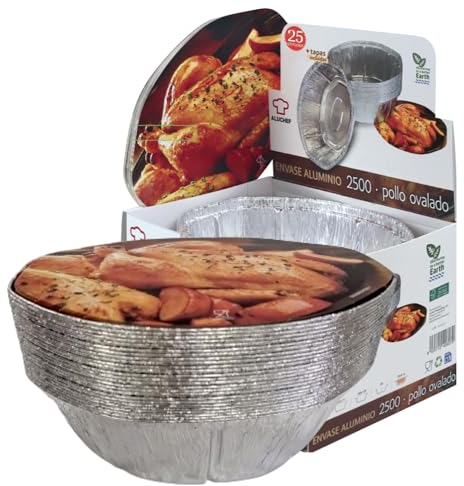 VESCEL - 25 Bandejas Aluminio Ovaladas con Tapa (2500 ml) | Para Hornear, Congelar y Transportar Alimentos | Con Caja Expositora, Reutilizables o Desechables