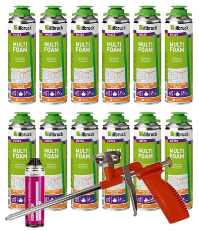 FM220 Bauschaum Montageschaum Pistolenschaum Multischaum Fensterschaum hohe Schalldämmung Wärmedämmung 500ml Kombisets (mit Reiniger AA290 + Schaumpistole Compact, 12x 500ml)
