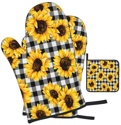 Set di guanti da forno estivi con girasole e presine, guanti da cucina a quadri resistenti al calore a 500 gradi e tappetino caldo per cucinare, barbecue, cottura al forno e grigliate