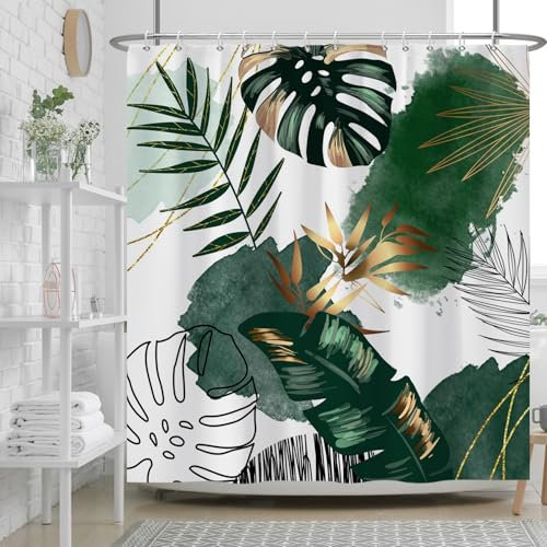 Ttincceer Abstrakte Blätter Duschvorhang 180x180cm Aquarell Boho Grüne Blätter Badezimmer Vorhang Mid-Century Bohemia Golden Palm Leaf Duschvorhänge Tropische Pflanzen Bad Vorhang
