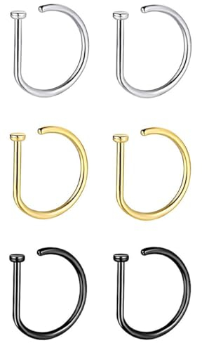 OISJHW 6 Stück Piercing Ring In D-Form Aus Edelstahl 20G Nasenpiercing Offene Kreise Für Septum 3 Farben Nasenringe Hypoallergen Nostril Piercing D Ring Hoop Für Septum Ohr Tragus Lippe 8Mm,