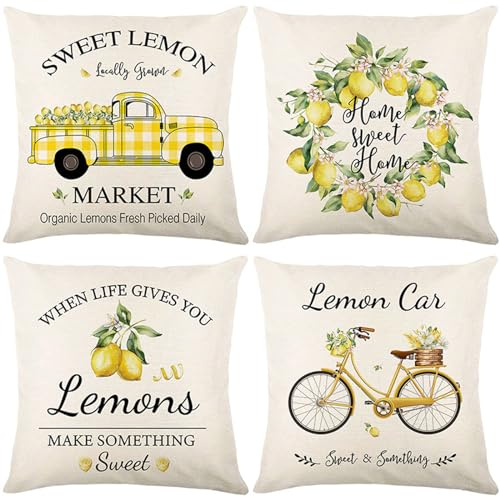 Quitey Kissenbezug 35x35 cm Leinen Kissenhülle 4er Set Sommer-Truck-Zitrone Dekokissen Kissenbezüge Quadratische Sofakissen Kopfkissenbezug für Outdoor Couchkissen Wohnzimmer Zierkissenbezug