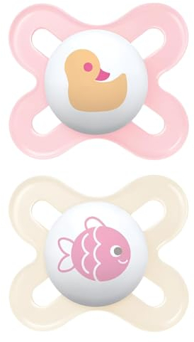 MAM Original Start Beruhigungssauger 0-2 Monate (2er-Set) MAM Schnuller 0-2 Monate mit kiefergerechtem Sauger aus Kautschuk, 2er Set Babyzubehör mit Sterilisator-Schnullerhalter, pink/neutral