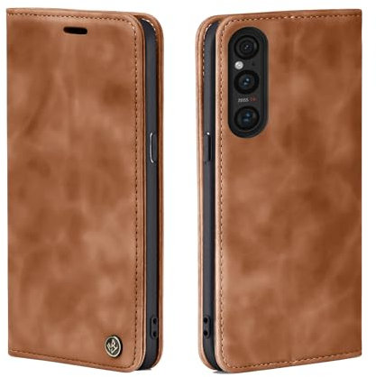 LBH Handyhülle für Sony Xperia 1 V in Hellbraun mit Karten- und Geldfach Smartphone Hülle mit Standfunktion Flip Case Schutzhülle Magnetverschluss Vintage